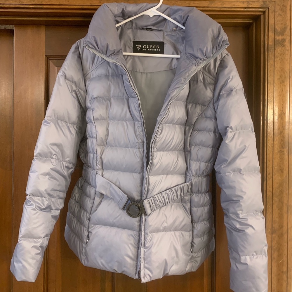 Guess Brand, large light gray jacket with belt.